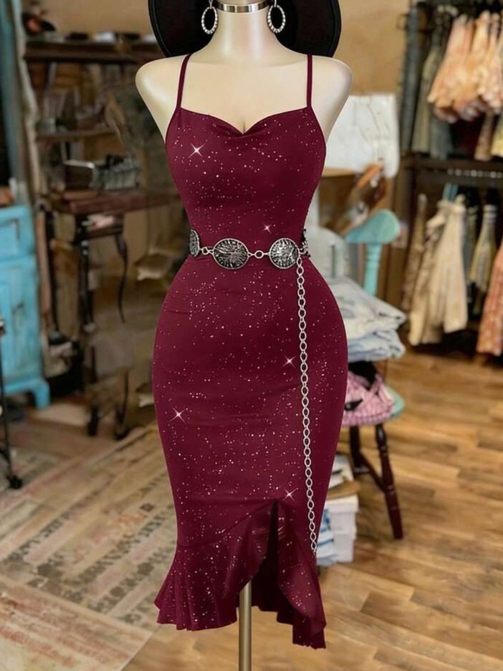 NWOT Sparkle Burgundy Spaghetti-Strap Midi Dress